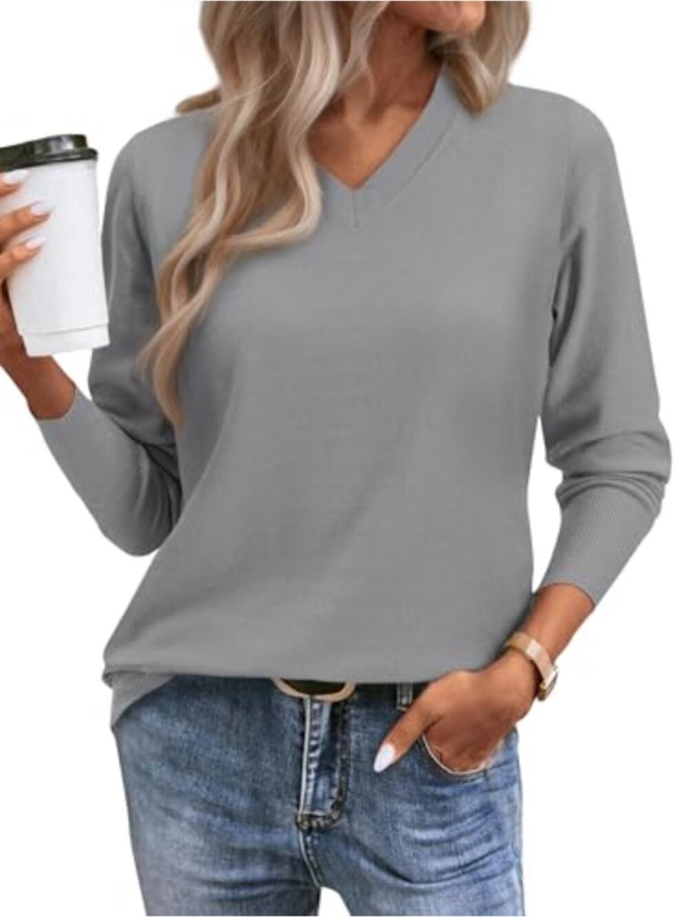 Women's Ribbed Knit V-Neck Long Sleeve Pullover Sweater Lightweight Casual
